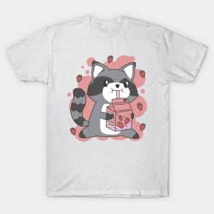 Cute Raccoon Drinking Strawberry Milk T-Shirt